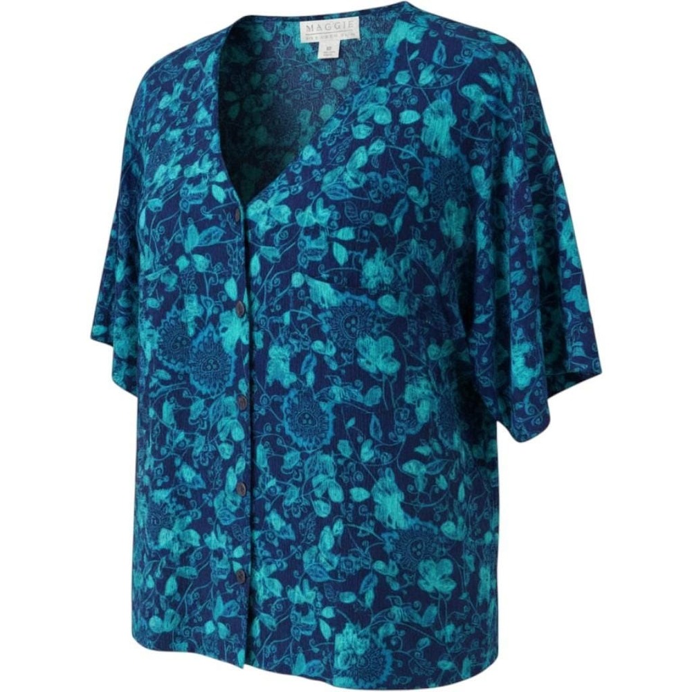 Vintage Maggie McNaughton Blouse Women 2X Blue Floral Button Up Short Sleeve Top